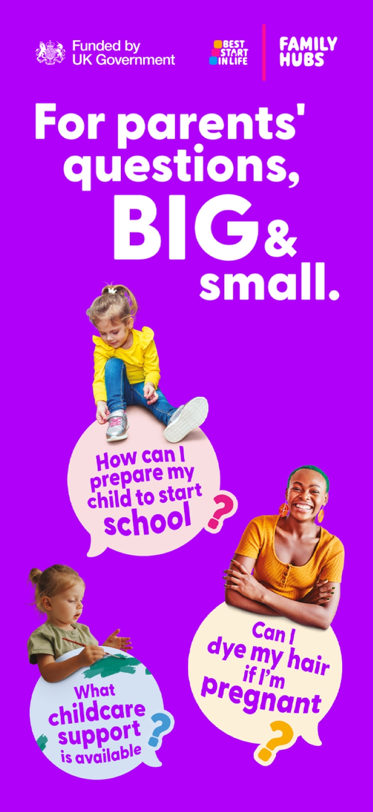 Best Start In Life promotional image, which asks the questions 'Can I dye my hair when I'm pregnant?', 'How can I prepare my child to start school?' and 'What childcare support is available?'